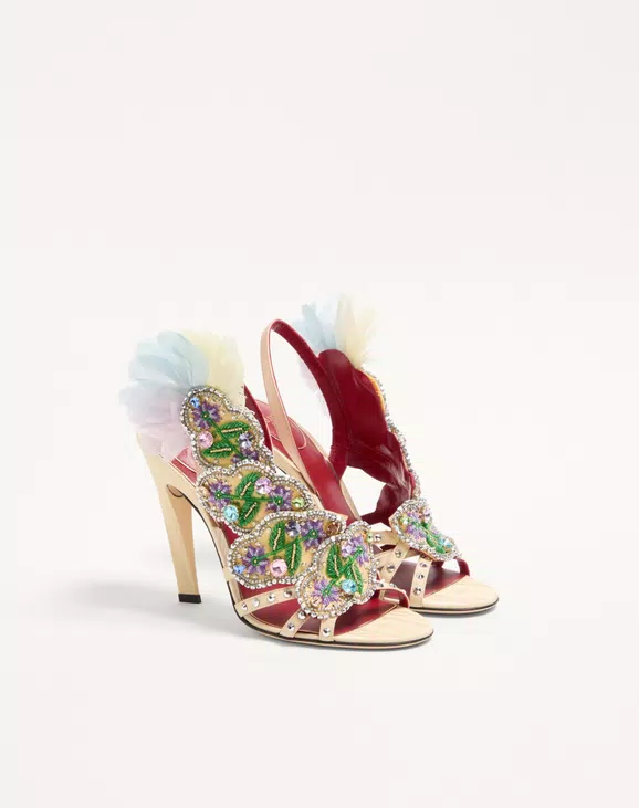 Valentino Dans Le Foyer Sandal In Moiré Fabric With Floral Embroidery And Feathers 105Mm - Image 6